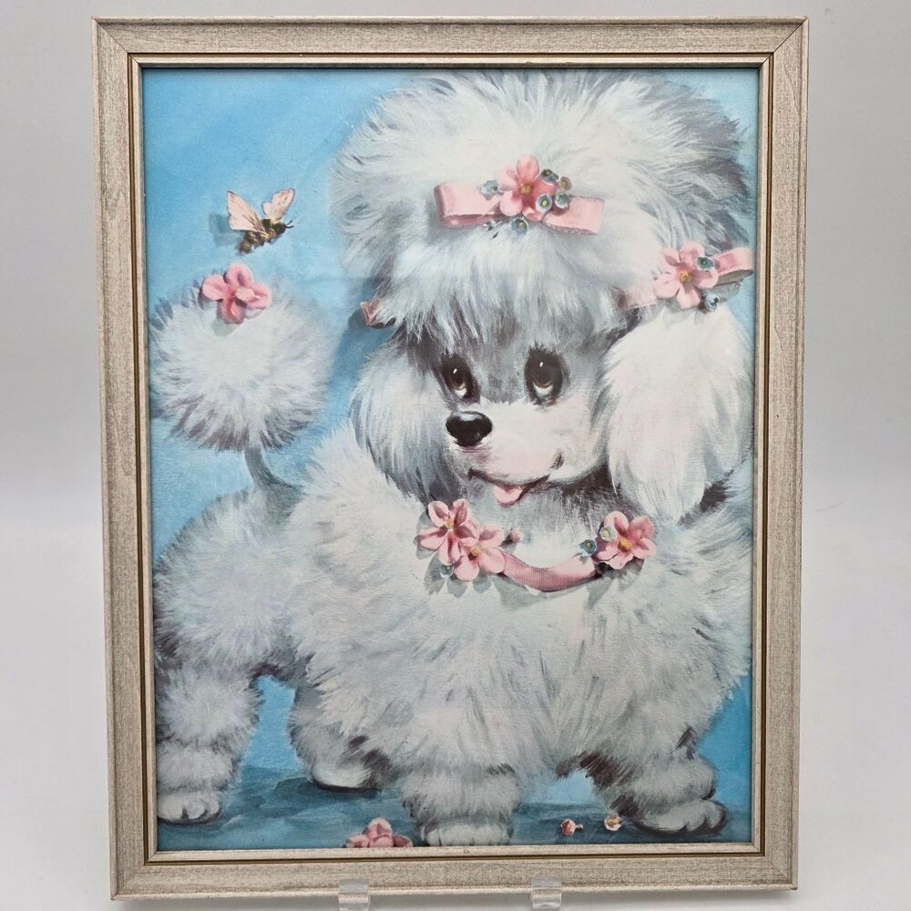 Vintage Framed Poodle & Butterfly Print Wall Art Retro Illustration Wooden Frame